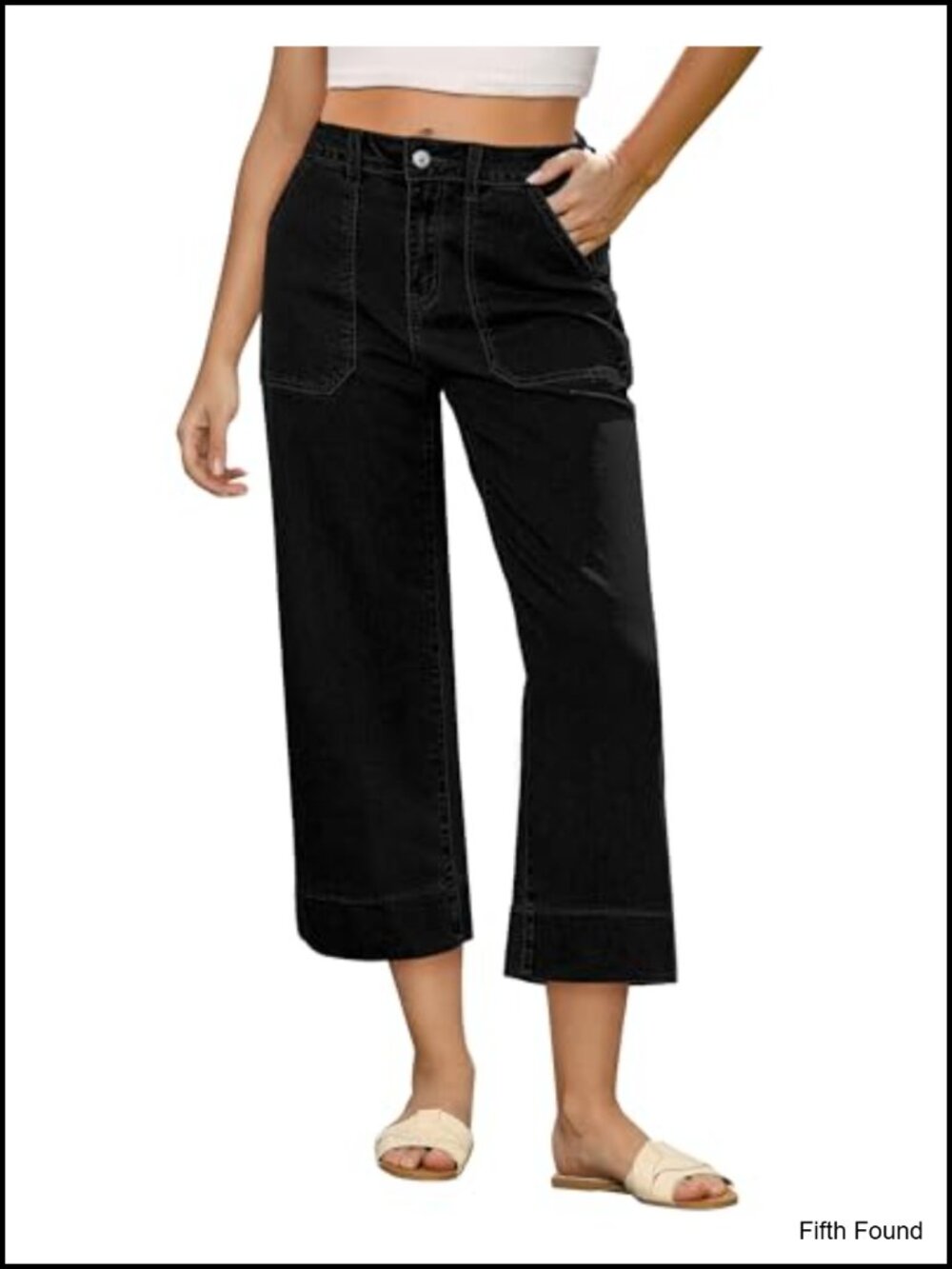 High Waisted Wide Leg Capri Jeans Stretchy Cropped Denim Pants with Pockets